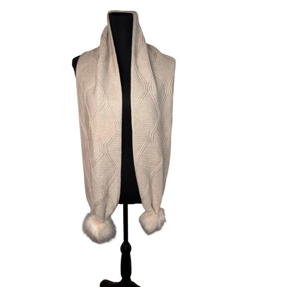 Womens Waffle Knit Faux Fur Pom-Pom Y2K Cream Soft Cozy Winter Shawl/Scarf - Picture 4 of 7